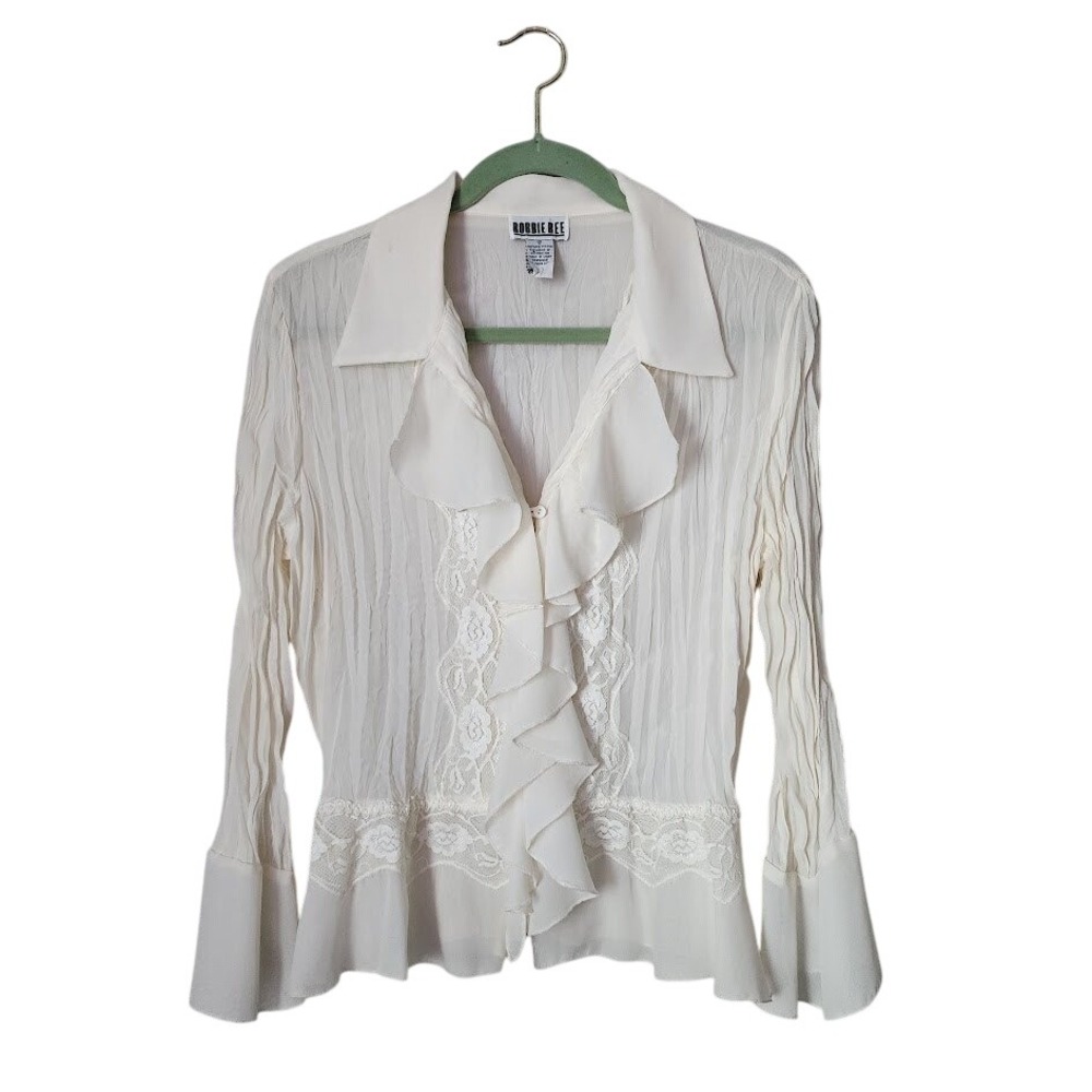 ROBBIE BEE Semi-Sheer Lace Ruffle Blouse Ivory Cottagecore Vintage Size 12